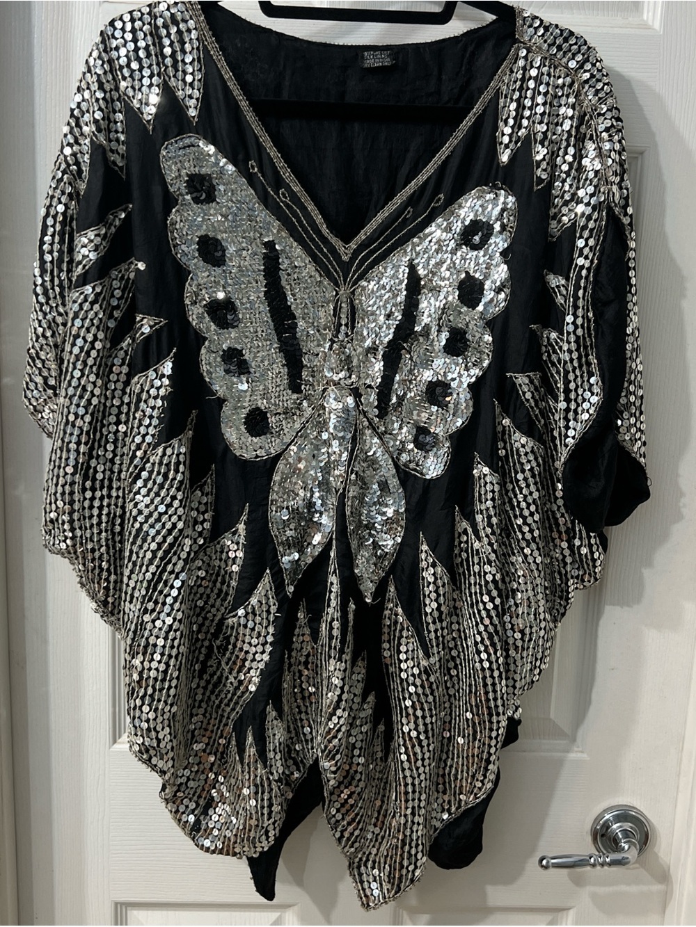 Vintage 100% Silk Black Sequin Butterfly Embellished Women's Top
